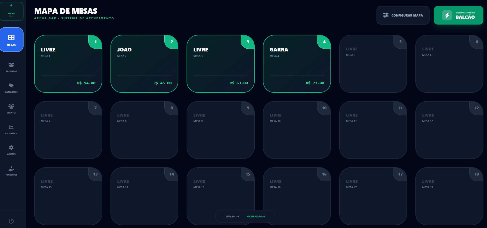 Tela de configuracoes do sistema de comanda digital